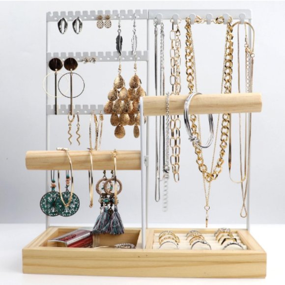 4-Tier Earring Holders & Necklace Towers - Jewelry Organizer w/ Velvet Ring Tray - Picture 1 of 11